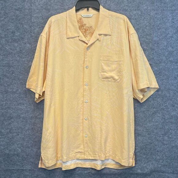 TOMMY BAHAMA 100% Silk Shirt Men's XL Peach Embroidered Textured Palm Button-up - Picture 1 of 16